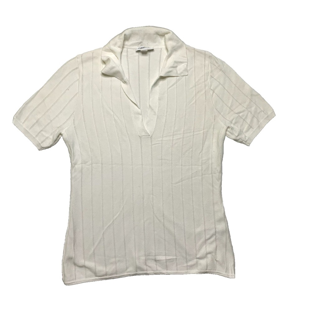 Calvin Klein White Ribbed Knit Polo Top Shirt Women's Size Small S Short Sleeve